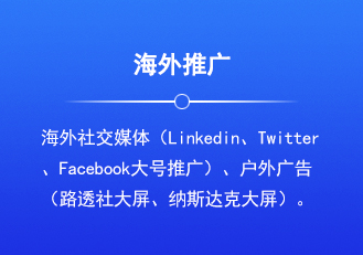 海外推广：海外社交媒体（Linkedin、Twitter、Facebook大号推广）、户外广告（路透社大屏、纳斯达克大屏）。